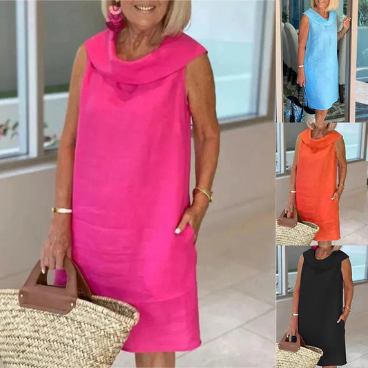 2025 Letní bavlněné lněné šaty se stojatým límcem