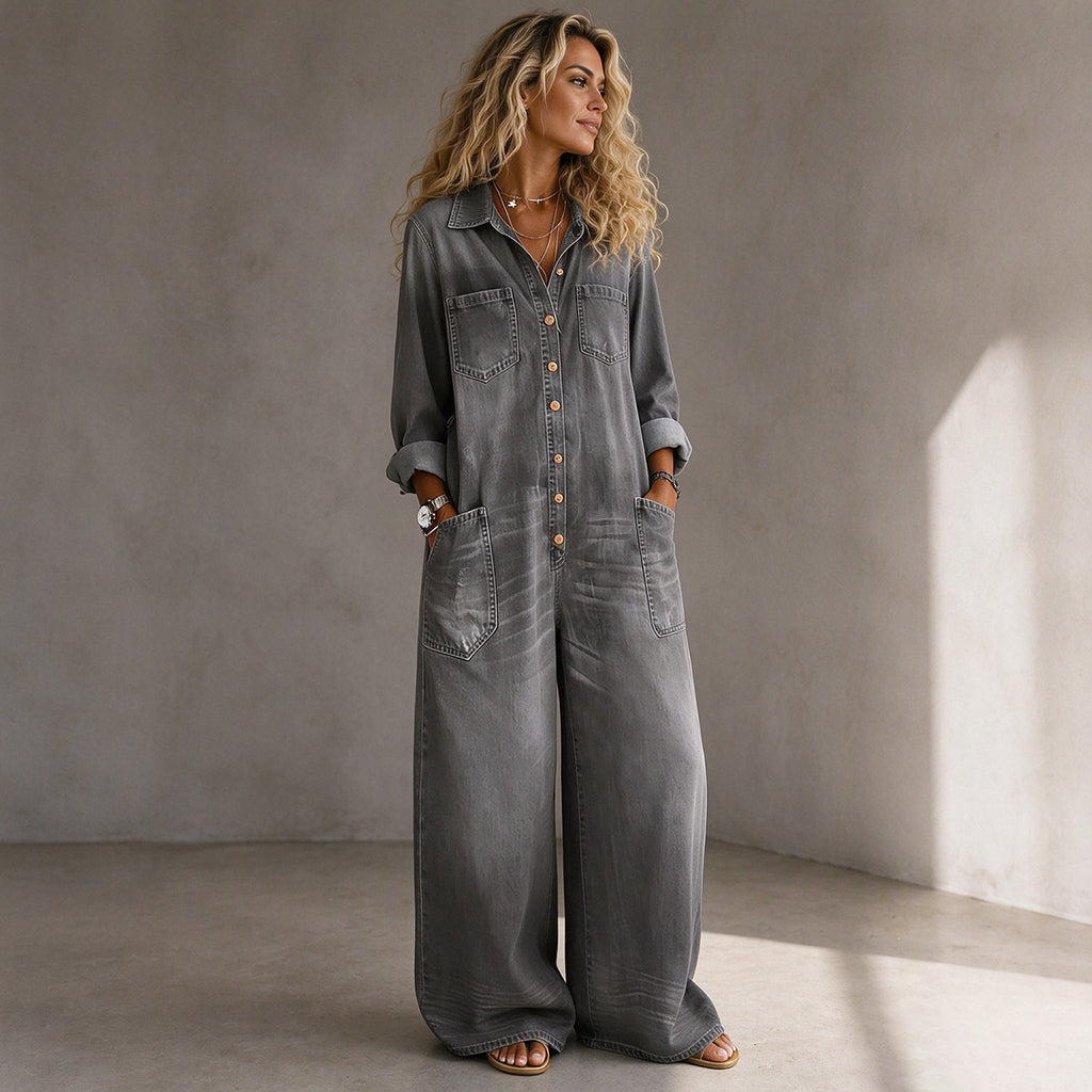 ❤️ Combinaison en jean vintage à col pour femme, au style authentique ✨
