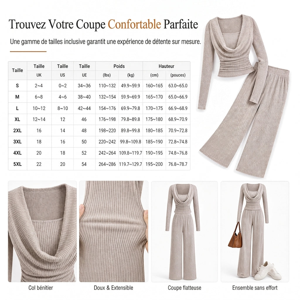 🧶 Élégant et confortable | Ensemble 2 pièces tricoté femme haut cintré et pantalon large taille haute