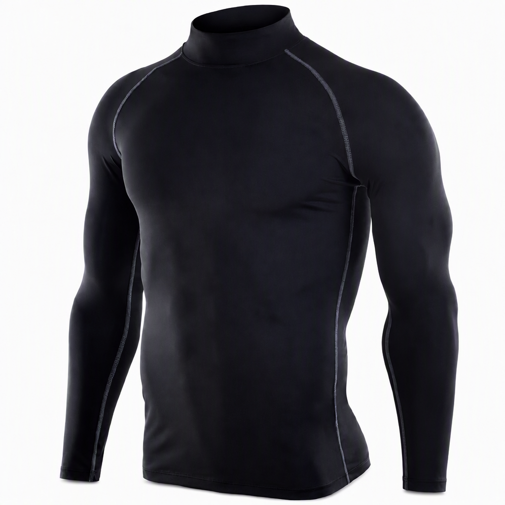 T-shirt à manches longues de compression doublé en tissu thermique d'hiver pour hommes, col haut, couche de base pour la course à pied et l'entraînement sportif