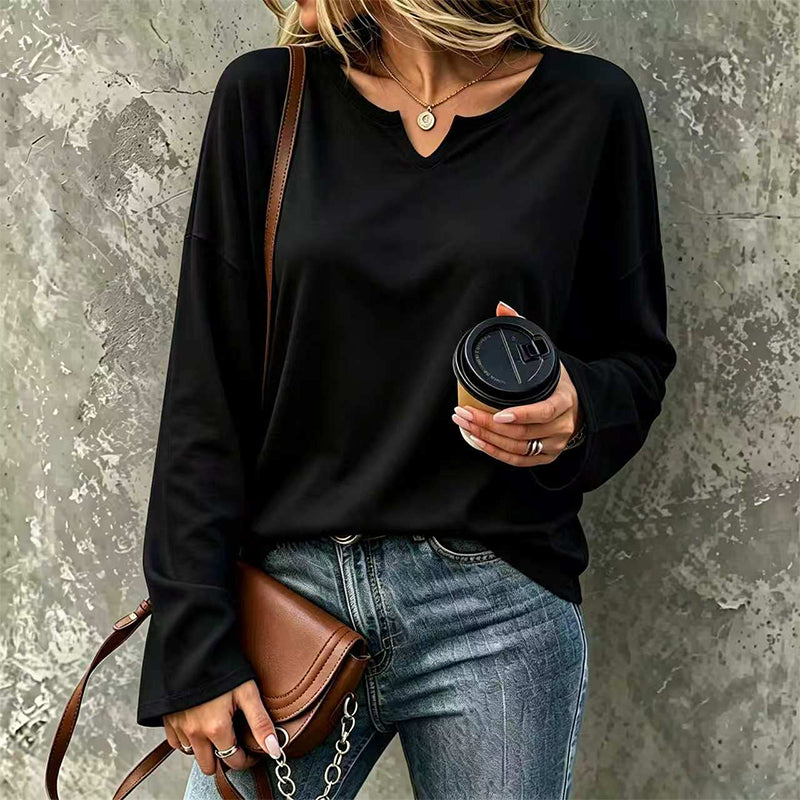 ✨ Haut décontracté à manches longues pour femme, col V à encoche élégant 🧶
