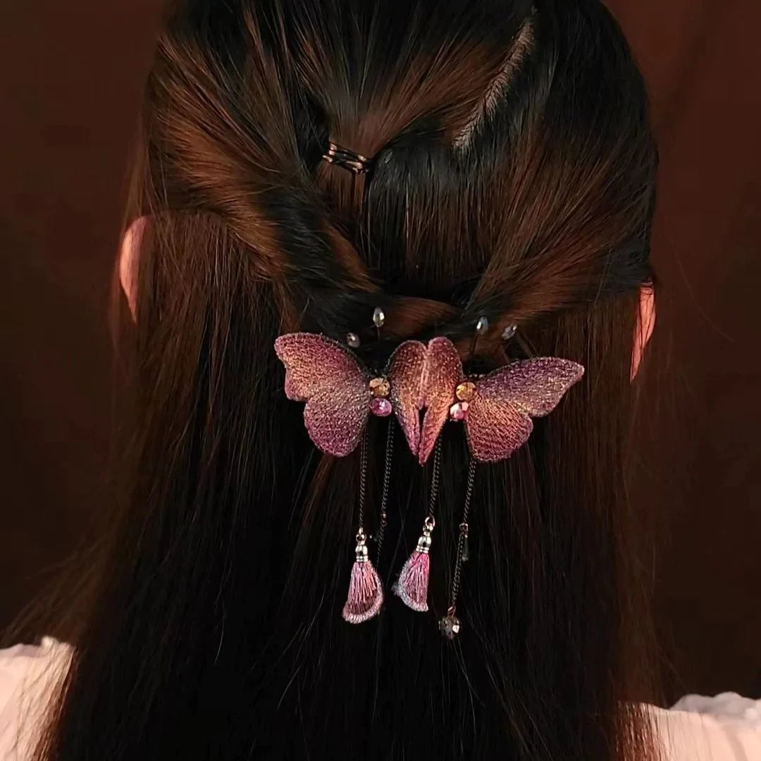 Temperament Butterfly Rhinestone Tassel Hair Clip-1