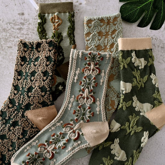 5 párů dámských květinových bavlněných ponožek