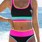 🎁Novinka: 50% SLEVA 🌼 Třídílné sportovní bikiny z nylonu s barevnými bloky – vysoký pas se zeštíhlujícím efektem na břicho 👙