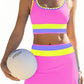 🎁Novinka: 50% SLEVA 🌼 Třídílné sportovní bikiny z nylonu s barevnými bloky – vysoký pas se zeštíhlujícím efektem na břicho 👙