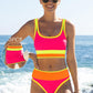🎁Novinka: 50% SLEVA 🌼 Třídílné sportovní bikiny z nylonu s barevnými bloky – vysoký pas se zeštíhlujícím efektem na břicho 👙