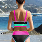 🎁Novinka: 50% SLEVA 🌼 Třídílné sportovní bikiny z nylonu s barevnými bloky – vysoký pas se zeštíhlujícím efektem na břicho 👙
