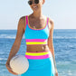 🎁Novinka: 50% SLEVA 🌼 Třídílné sportovní bikiny z nylonu s barevnými bloky – vysoký pas se zeštíhlujícím efektem na břicho 👙