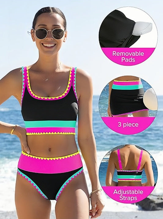🎁Novinka: 50% SLEVA 🌼 Třídílné sportovní bikiny z nylonu s barevnými bloky – vysoký pas se zeštíhlujícím efektem na břicho 👙