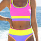 🎁Novinka: 50% SLEVA 🌼 Třídílné sportovní bikiny z nylonu s barevnými bloky – vysoký pas se zeštíhlujícím efektem na břicho 👙