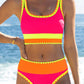 🎁Novinka: 50% SLEVA 🌼 Třídílné sportovní bikiny z nylonu s barevnými bloky – vysoký pas se zeštíhlujícím efektem na břicho 👙