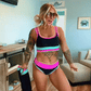 🎁Novinka: 50% SLEVA 🌼 Třídílné sportovní bikiny z nylonu s barevnými bloky – vysoký pas se zeštíhlujícím efektem na břicho 👙