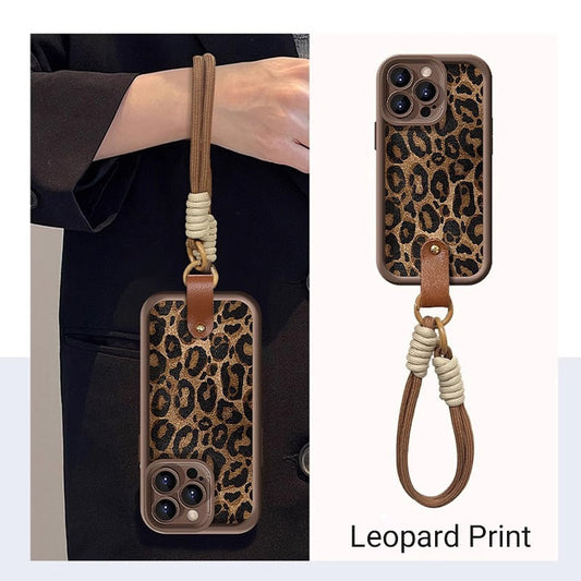 Pouzdro na iPhone s leopardím potiskem a šňůrkou na krk