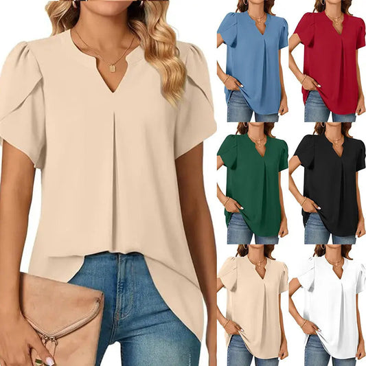 💖Dámský jednobarevný top s krátkým rukávem a výstřihem do V👚