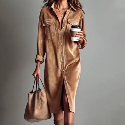 🔥 50% DE RÉDUCTION ! ✨ Robe Chemise Décontractée Femme - Velours Côtelé Doux, Poche Poitrine Pratique, Style Moderne et Confortable 👚✨
