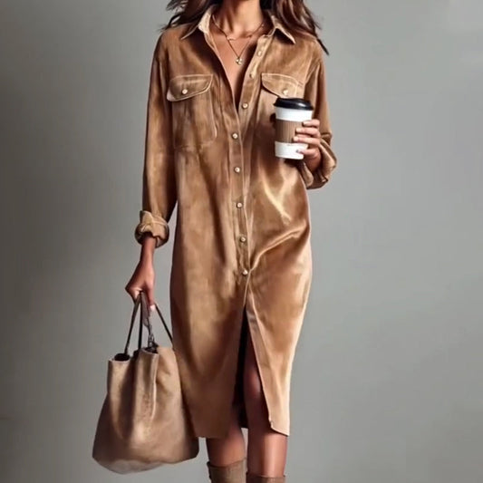 🔥 50% DE RÉDUCTION ! ✨ Robe Chemise Décontractée Femme - Velours Côtelé Doux, Poche Poitrine Pratique, Style Moderne et Confortable 👚✨