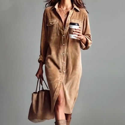 🔥 50% DE RÉDUCTION ! ✨ Robe Chemise Décontractée Femme - Velours Côtelé Doux, Poche Poitrine Pratique, Style Moderne et Confortable 👚✨
