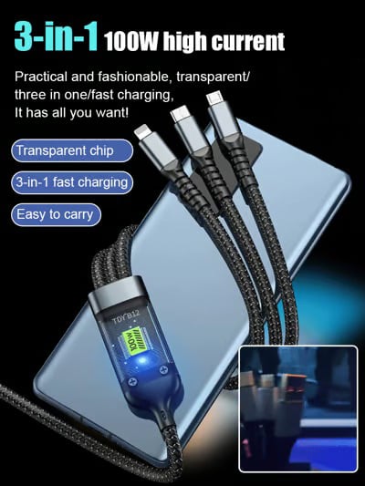 💥Limitovaná nabídka 50 % SLEVA🔥⚡Průhledný svítící 3v1 superrychlý nabíjecí kabel