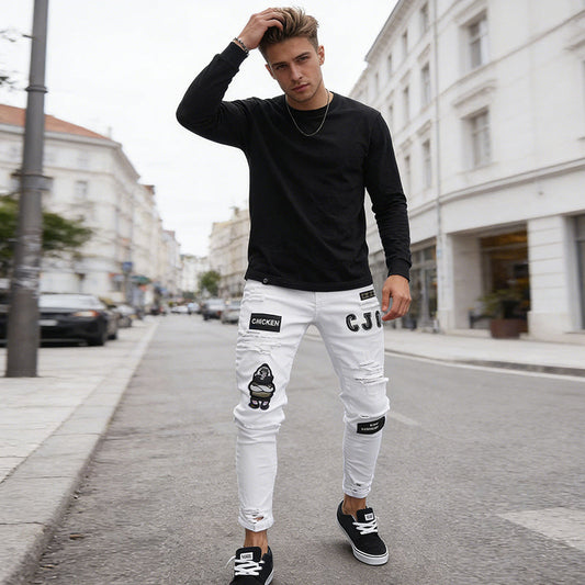 🔥 NYNÍ SLEVA 50 %! 👖 Pánské roztrhané úzké džíny – výrazný patchwork a odolná džínovina 🎨👟