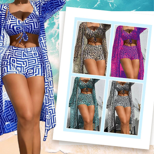 👙 Dámská třídílná plavková souprava s geometrickým potiskem – trendy design, pohodlný střih a ideální volba na dny strávené na pláži 🏖️