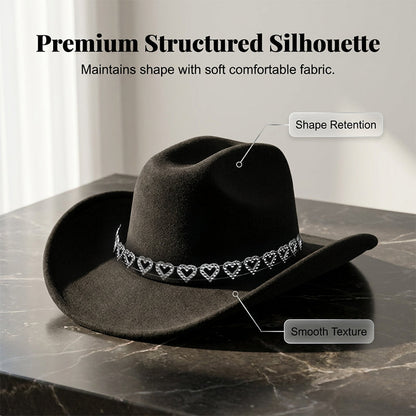 Dámský kovbojský klobouk se srdíčky ze strassů – Elegantní francouzský jazzový fedora