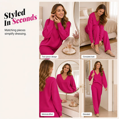 Promotion exceptionnelle : 50 % de réduction 💖 Ensemble composé d'un pull en maille à col en V et d'un pantalon à jambes larges pour femme