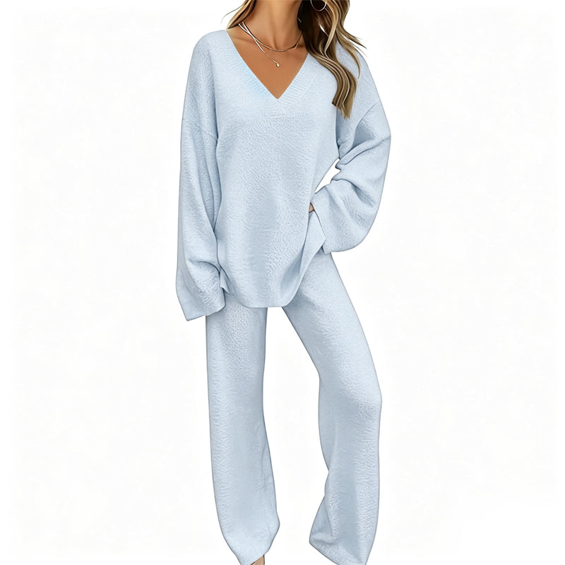 Promotion exceptionnelle : 50 % de réduction 💖 Ensemble composé d'un pull en maille à col en V et d'un pantalon à jambes larges pour femme