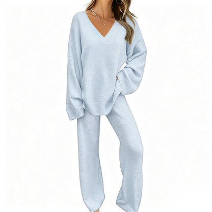 Promotion exceptionnelle : 50 % de réduction 💖 Ensemble composé d'un pull en maille à col en V et d'un pantalon à jambes larges pour femme
