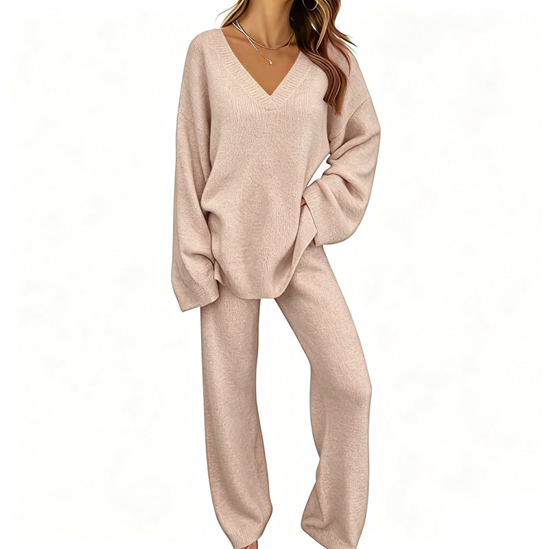Promotion exceptionnelle : 50 % de réduction 💖 Ensemble composé d'un pull en maille à col en V et d'un pantalon à jambes larges pour femme