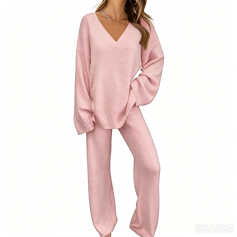 Promotion exceptionnelle : 50 % de réduction 💖 Ensemble composé d'un pull en maille à col en V et d'un pantalon à jambes larges pour femme