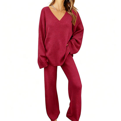 Promotion exceptionnelle : 50 % de réduction 💖 Ensemble composé d'un pull en maille à col en V et d'un pantalon à jambes larges pour femme