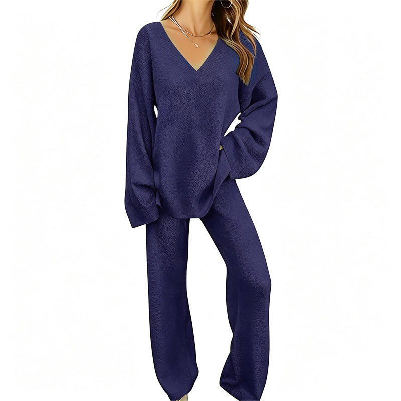 Promotion exceptionnelle : 50 % de réduction 💖 Ensemble composé d'un pull en maille à col en V et d'un pantalon à jambes larges pour femme