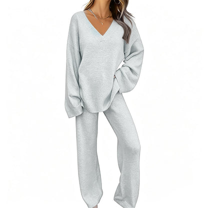 Promotion exceptionnelle : 50 % de réduction 💖 Ensemble composé d'un pull en maille à col en V et d'un pantalon à jambes larges pour femme