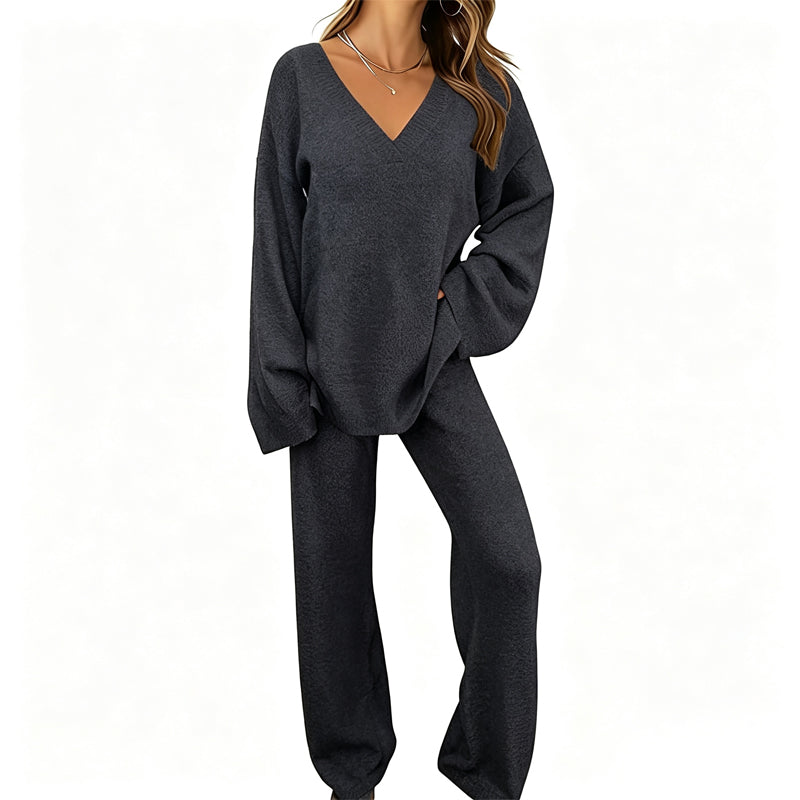 Promotion exceptionnelle : 50 % de réduction 💖 Ensemble composé d'un pull en maille à col en V et d'un pantalon à jambes larges pour femme