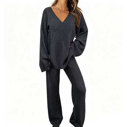 Promotion exceptionnelle : 50 % de réduction 💖 Ensemble composé d'un pull en maille à col en V et d'un pantalon à jambes larges pour femme