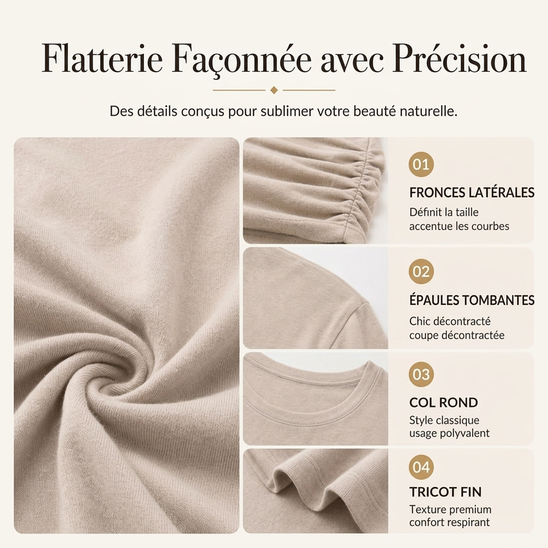 ✨ Haut décontracté à col rond pour femme, avec ourlet froncé féminin 🧶