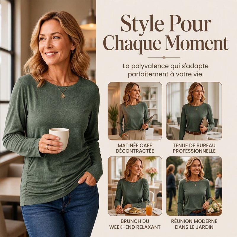✨ Haut décontracté à col rond pour femme, avec ourlet froncé féminin 🧶