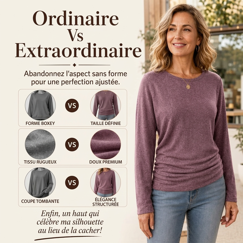 ✨ Haut décontracté à col rond pour femme, avec ourlet froncé féminin 🧶