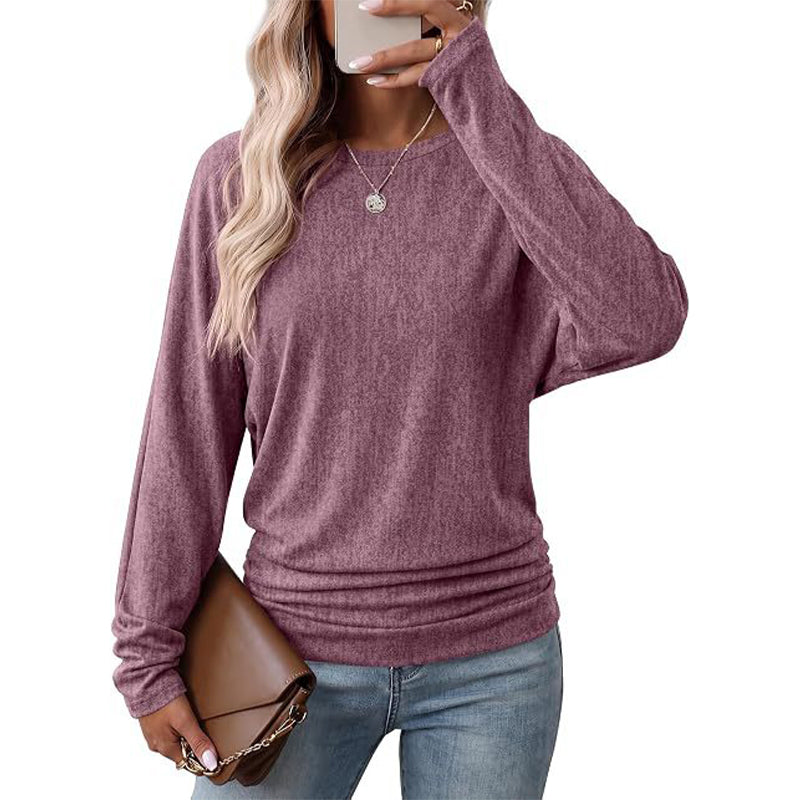 ✨ Haut décontracté à col rond pour femme, avec ourlet froncé féminin 🧶