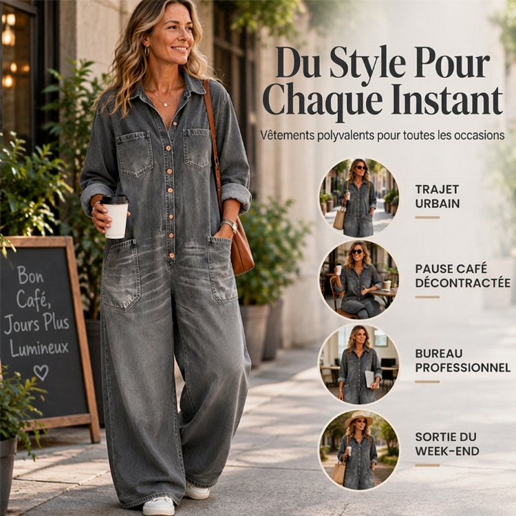 ❤️ Combinaison en jean vintage à col pour femme, au style authentique ✨