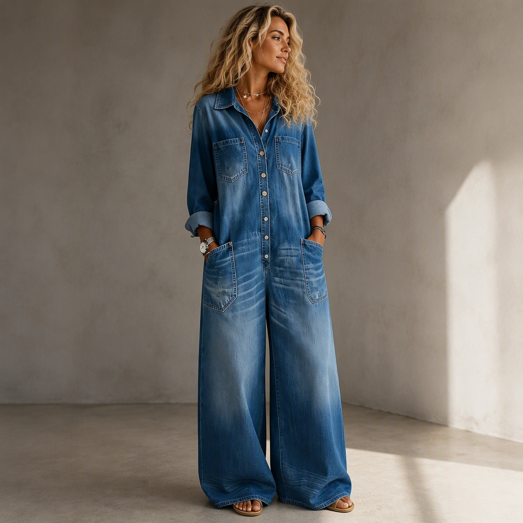 ❤️ Combinaison en jean vintage à col pour femme, au style authentique ✨