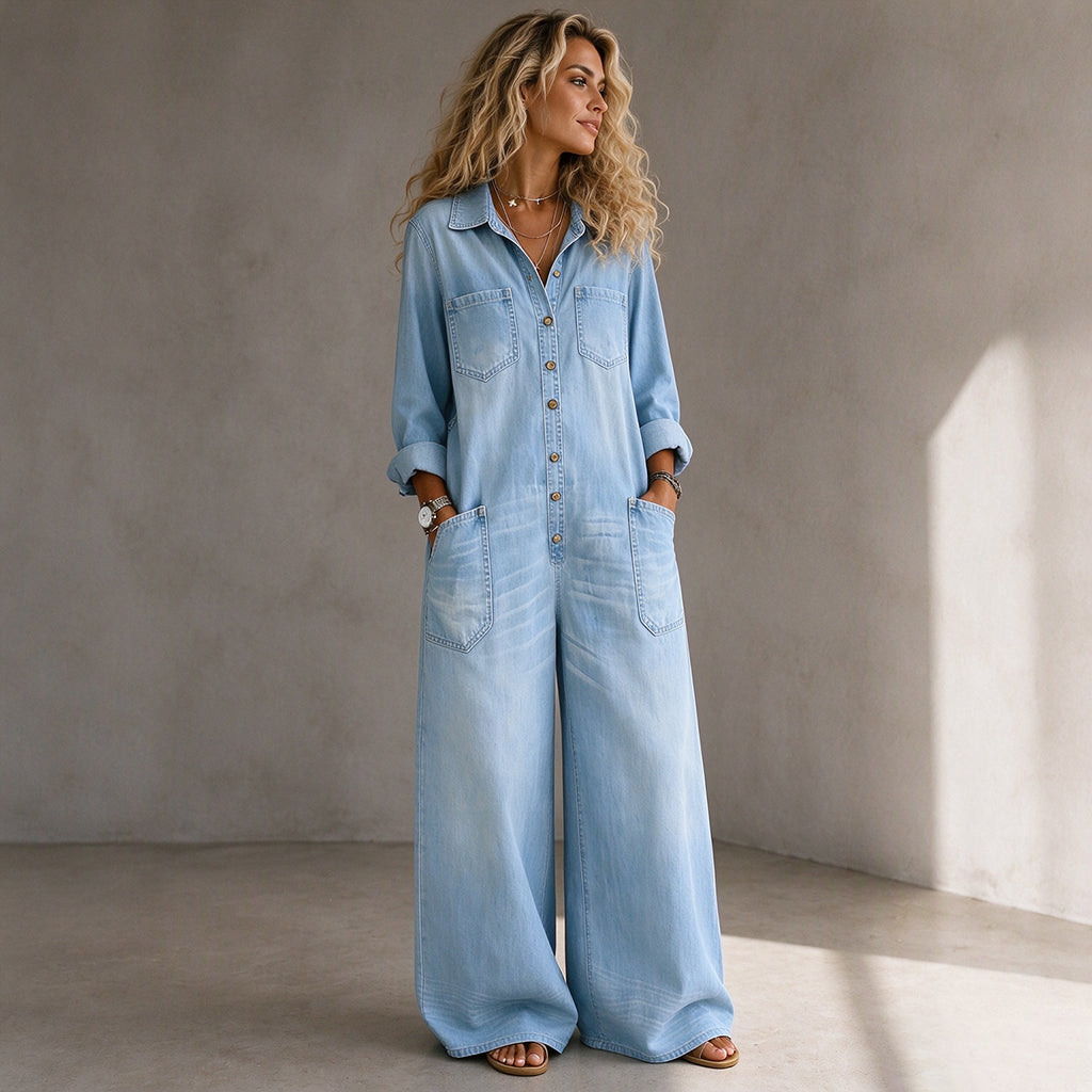 ❤️ Combinaison en jean vintage à col pour femme, au style authentique ✨