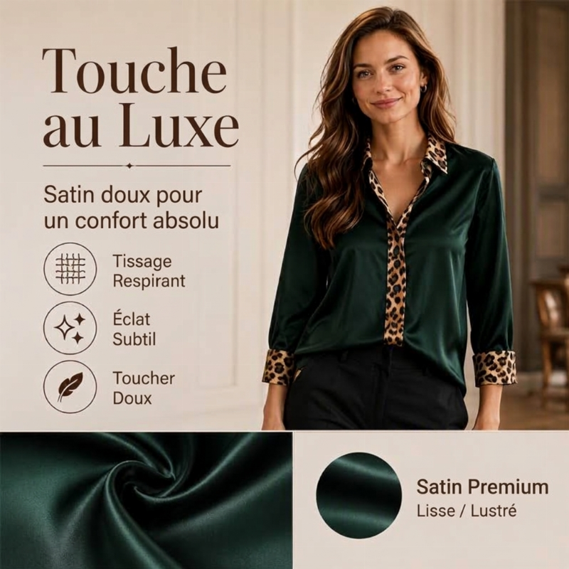 Chemisier en satin à imprimé léopard et patchwork pour femme