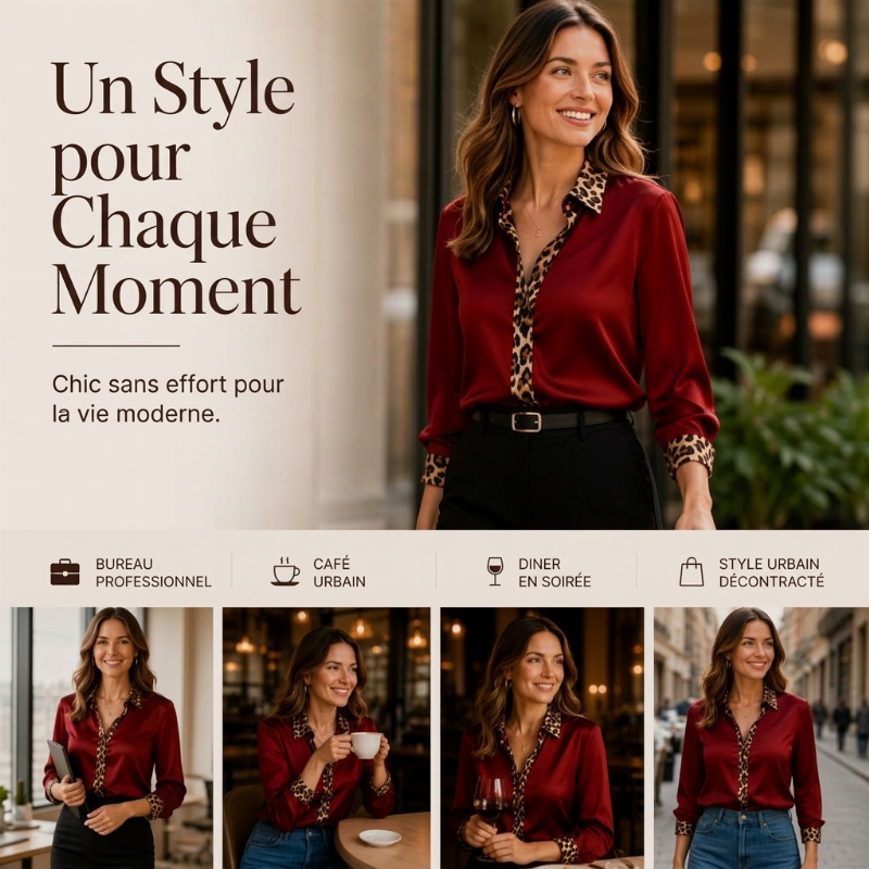 Chemisier en satin à imprimé léopard et patchwork pour femme
