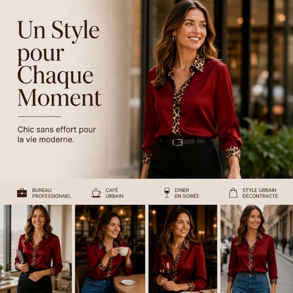 Chemisier en satin à imprimé léopard et patchwork pour femme