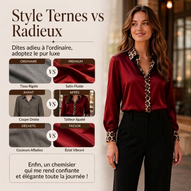 Chemisier en satin à imprimé léopard et patchwork pour femme