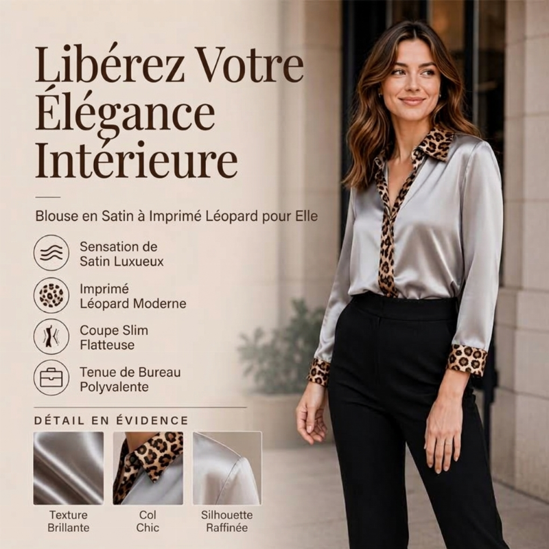 Chemisier en satin à imprimé léopard et patchwork pour femme