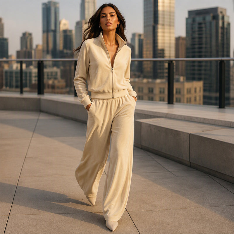 Ensemble blouson zippé et pantalon en similicuir daim pour femme