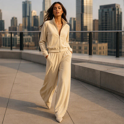 Ensemble blouson zippé et pantalon en similicuir daim pour femme