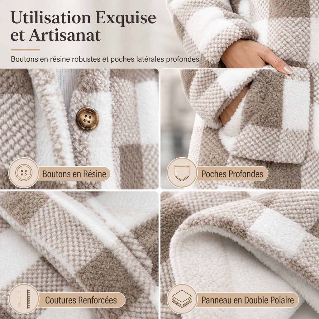 Manteau à capuche en fausse fourrure tissée à carreaux à manches longues pour femme